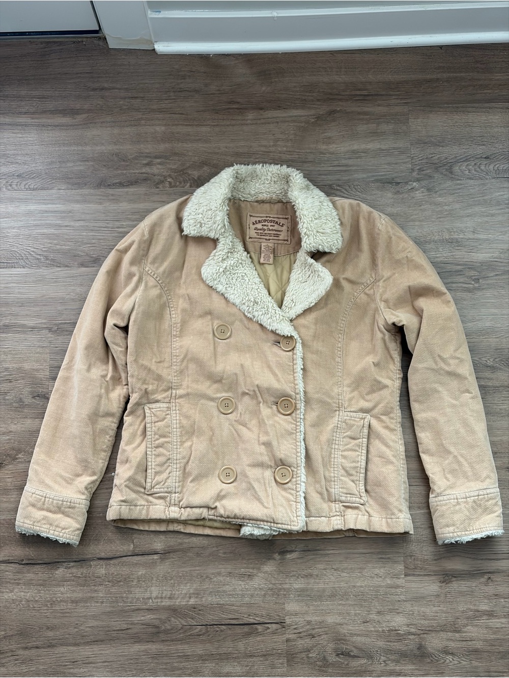 Vintage Aeropostale Women's Corduroy Sherpa Jacket Tan Double Breasted Size L